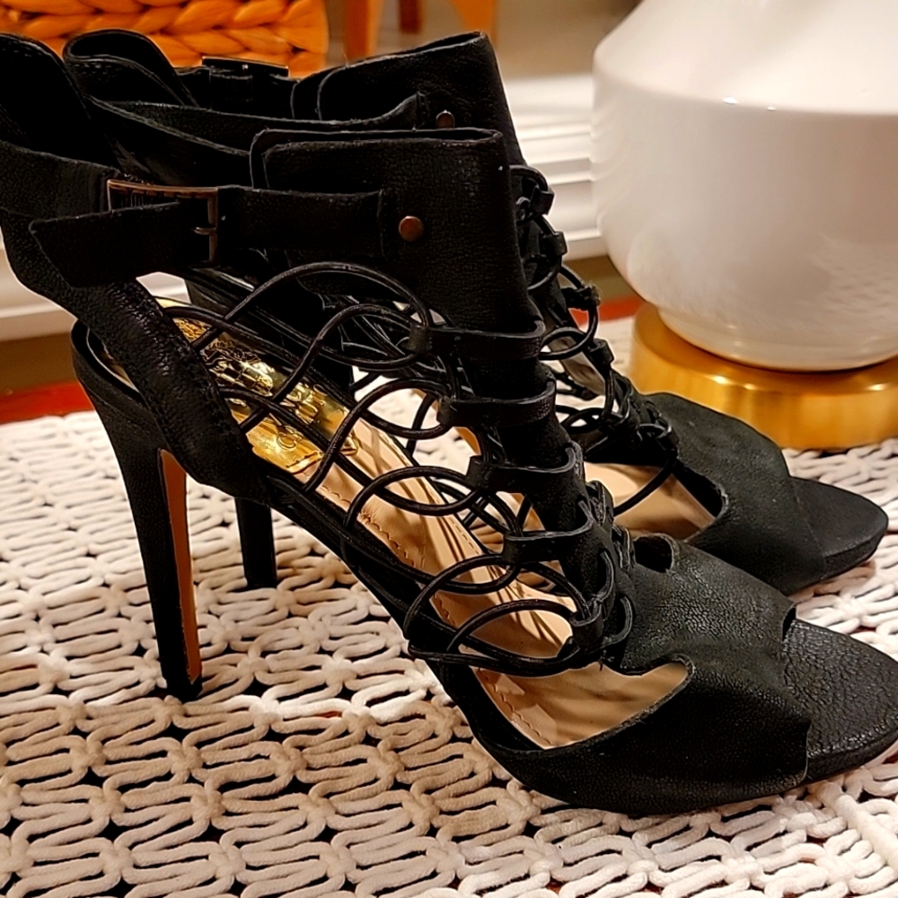 Vince Camuto Vc Fossil Gladiator Style Black Leather Strappy